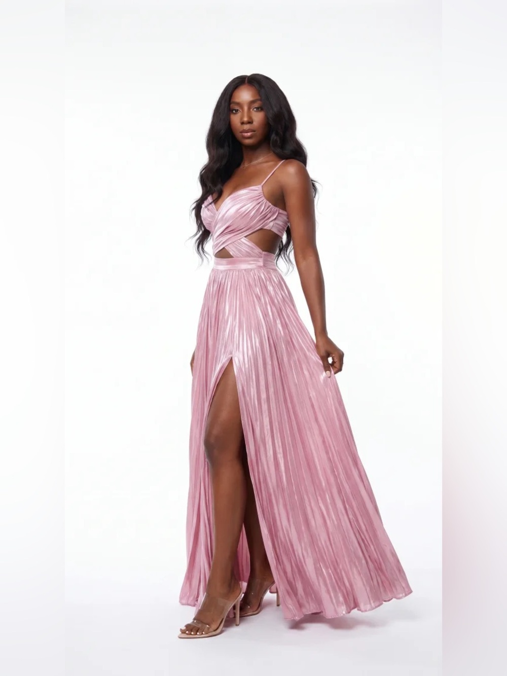 HAVING A MOMENT HIGH SLIT MAXI DRESS IN PINK
